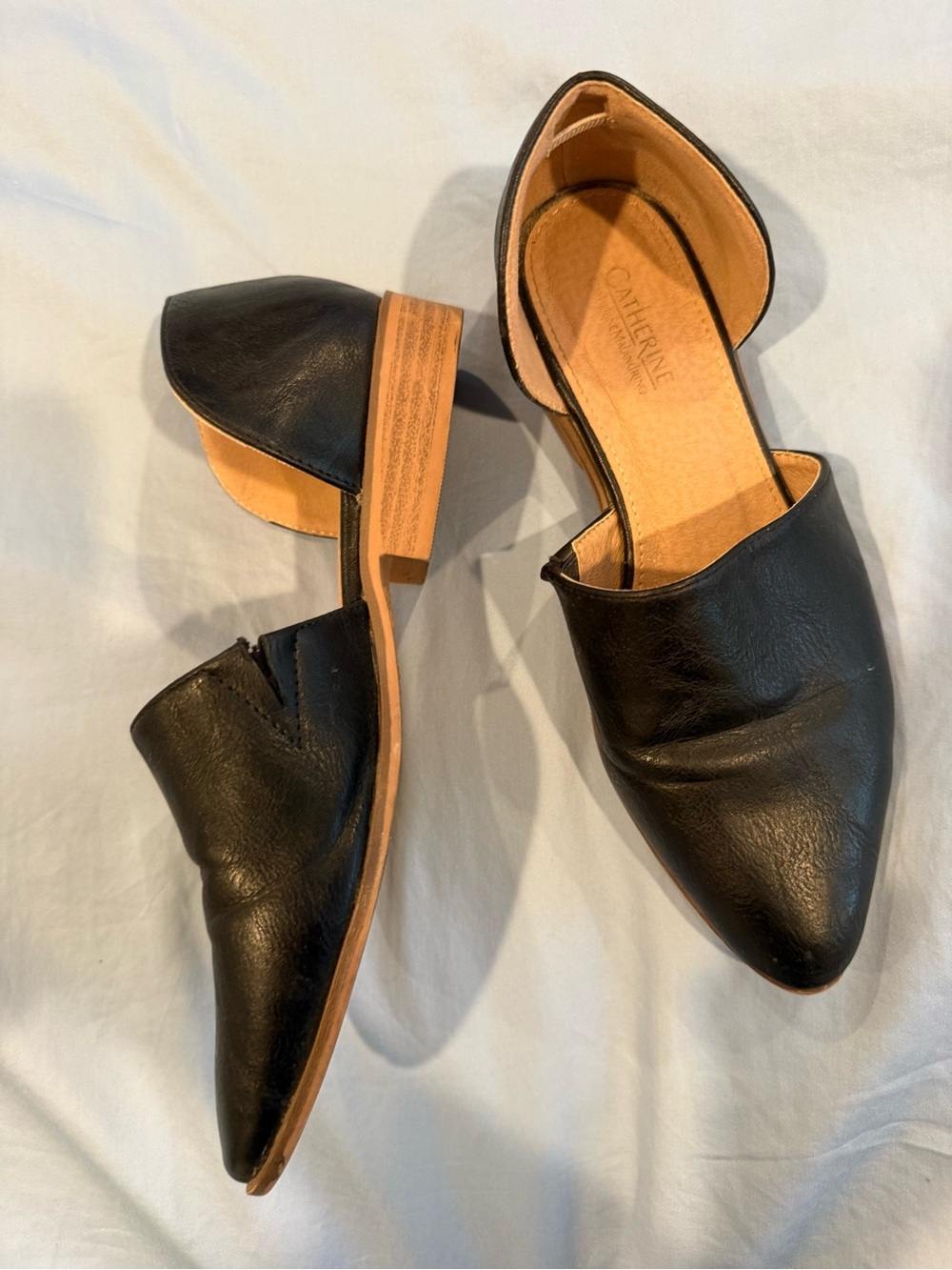 Catherines Black Pointed D'Orsay Loafers with Tan Heel